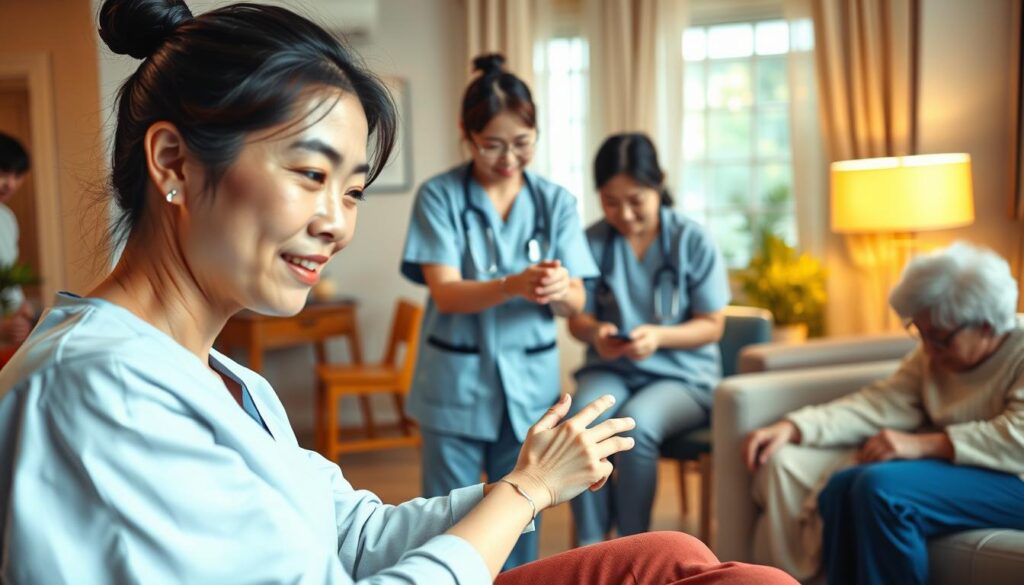 A well-lit, realistic scene depicting a group of young, Japanese-looking care workers demonstrating various caregiving skills. The foreground features a nurse assisting an elderly patient with mobility exercises, while the middle ground shows another nurse providing wound care. In the background, additional nurses are engaging patients in light physical therapy and daily living activities. The scene conveys a professional, compassionate atmosphere with a focus on the specialized skillsets required for in-home care. Warm, natural lighting illuminates the scene, capturing the nuances of the caregivers' expressions and the patients' responses. The overall composition highlights the multifaceted nature of home healthcare and the importance of the caregivers' expertise.