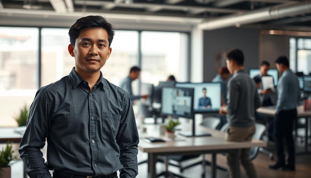 A well-lit, realistic scene depicting the career progression of a customer engineer. In the foreground, a young Japanese-looking professional stands confidently, dressed in a crisp button-up shirt and slacks. The middle ground shows them navigating a computer interface, problem-solving for a client. In the background, a larger group of customer engineers collaborate in a modern, open-concept office space, conveying the teamwork and growth opportunities of the role. Soft, directional lighting casts subtle shadows, emphasizing the sense of depth. The overall mood is one of professionalism, capability, and promising career advancement.