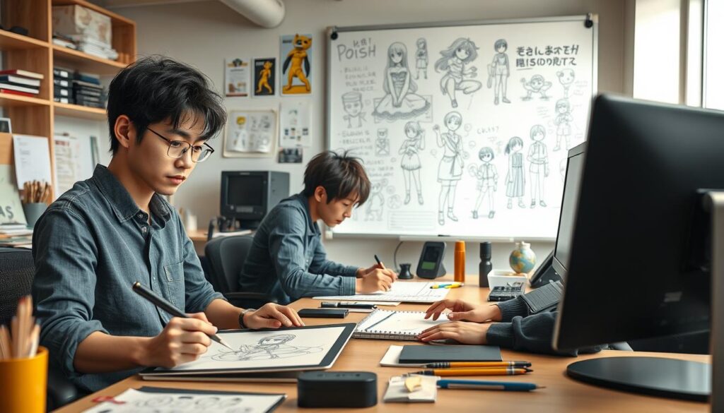 A well-lit, realistic scene depicting three young Japanese-looking character designers working diligently at their desks. The foreground shows a skilled artist meticulously sketching a character design on a tablet, with a focused expression. In the middle ground, another designer is hunched over a computer, finalizing the digital coloring and shading of an anime-style character. The background showcases various art supplies, reference materials, and a large whiteboard filled with character design ideas and notes, conveying the creative atmosphere of a professional character design studio. The lighting is natural and soft, highlighting the dedication and attention to detail of the designers at work.