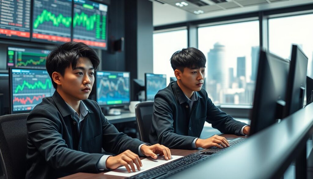 A well-lit, realistic scene depicting three young Japanese-looking individuals seated at a trading desk, intensely focused on their computer screens and financial data displayed across multiple monitors. The foreground shows their hands deftly navigating the trading interface, while the middle ground captures their expressions of concentration. The background features the blurred outlines of trading floor equipment and a cityscape visible through large windows, conveying the high-stakes, fast-paced environment of a foreign exchange dealing room. The overall atmosphere is one of professional expertise, technological sophistication, and the weight of financial decisions.