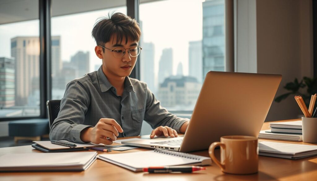 A well-lit, realistic scene of a young, Japanese-looking freelance spatial information consultant working at their desk. In the foreground, the consultant is intently focused on a laptop, hands typing. The middle ground shows various work materials, like notebooks, pens, and a coffee mug, arranged neatly. In the background, an office window provides a glimpse of a bustling cityscape, conveying the independent, entrepreneurial nature of the consultant's work. The lighting is natural, warm, and cinematic, creating a professional yet dynamic atmosphere. The overall mood is one of dedication, productivity, and the excitement of building one's own spatial information consulting business.
