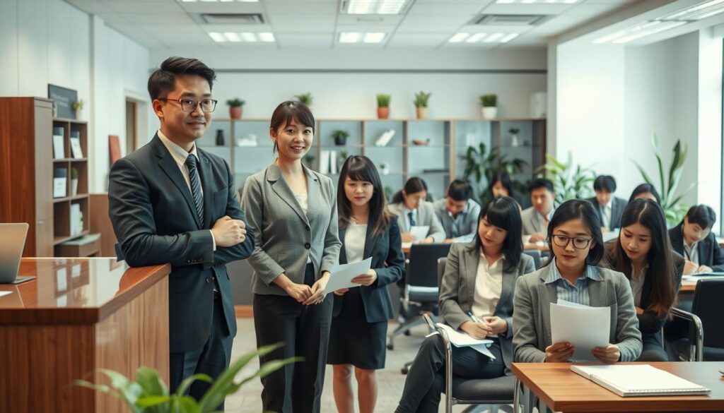 A well-lit, realistic scene showcasing a group of diverse, young Japanese-looking individuals gathered in a formal office setting. The foreground features three individuals - a man and two women - professionally dressed and standing at a reception desk, with attentive expressions indicating they are presenting or discussing employment requirements. The middle ground depicts several other applicants seated in chairs, engaged in conversation or completing application forms. The background shows a tastefully decorated office interior with desks, shelves, and potted plants, conveying a sense of professionalism and organization. The overall mood is one of seriousness and purpose, highlighting the importance of the employment process.