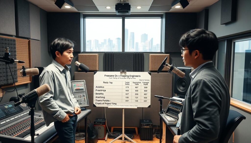 A well-lit recording studio with a professional-grade mixing console, microphones, and audio equipment. In the foreground, two young Japanese-looking recording engineers - one in a casual outfit, the other in business attire - discussing project details. In the middle ground, a whiteboard depicting a chart comparing the employment status and benefits of freelance vs. salaried recording engineers. The background features various sound-absorbing panels, acoustic treatment, and a large window overlooking a city skyline. The overall atmosphere is one of focused collaboration and industry expertise.