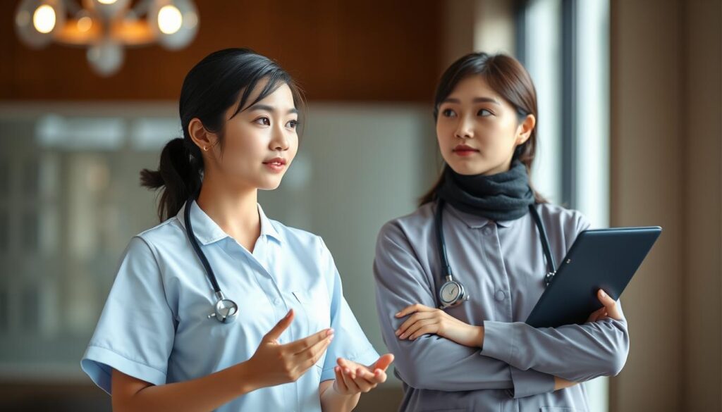 A well-lit scene depicting two young Japanese-looking individuals, one in a nurse's uniform and the other in a social worker's attire, standing side by side and engaged in a thoughtful discussion. The figures are positioned in the foreground, with a blurred background hinting at a professional healthcare setting. The lighting is soft and natural, creating a warm and inviting atmosphere. The composition emphasizes the contrast and comparison between the two roles, with the individuals maintaining eye contact and gesturing subtly to illustrate their differences in responsibilities and qualifications.