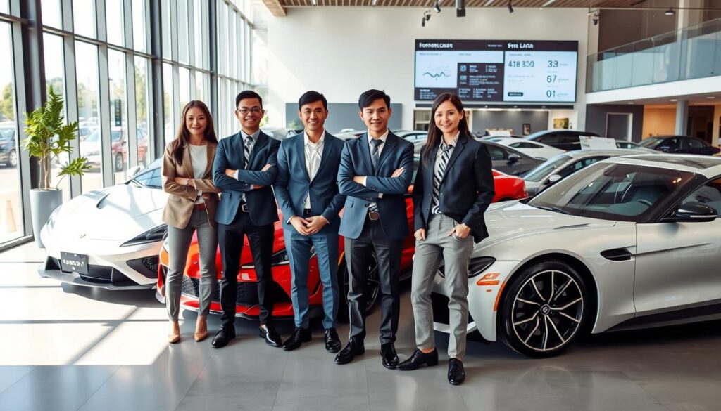 A well-lit showroom interior with a sleek, modern aesthetic. The floor is polished concrete and the walls are floor-to-ceiling glass, allowing natural light to flood the space. In the foreground, a group of young, professional-looking Japanese models stand beside an array of high-end cars, each displaying a confident, knowledgeable demeanor. They are casually dressed in smart casual attire, suggesting an approachable yet authoritative presence. The middle ground features a selection of the latest car models, their gleaming exteriors and intricate details capturing the attention. In the background, a large screen displays technical specifications and sales data, conveying the depth of the dealers' expertise.
