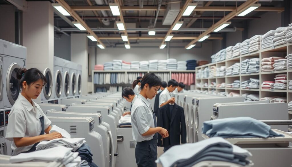 A well-lit, spacious commercial laundry facility. In the foreground, young Japanese workers in crisp uniforms diligently sort, wash, and press clothes using advanced industrial-grade machines. The middle ground showcases the efficient workflow, with employees meticulously folding and packaging cleaned items. In the background, shelves and racks brimming with neatly organized garments, conveying a sense of order and professionalism. Soft, diffused lighting creates a warm, inviting atmosphere, while the hum of machinery and the occasional chatter of workers suggest a productive, collaborative environment. The scene captures the attention to detail and teamwork inherent in the day-to-day operations of a modern Japanese dry cleaning establishment.