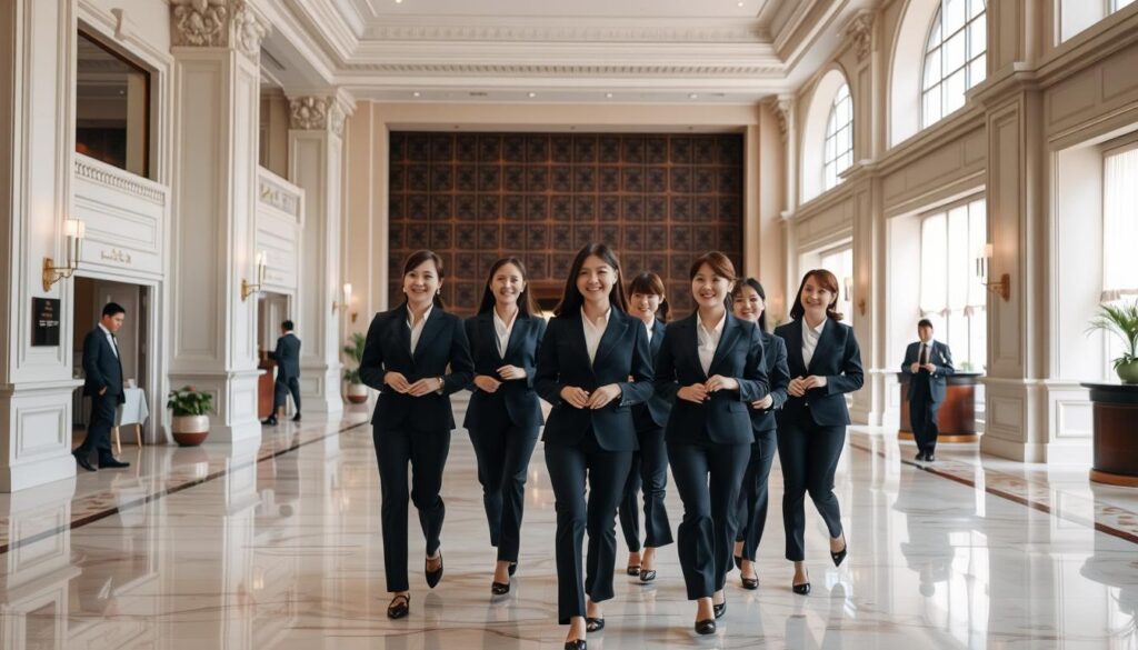 A well-lit, spacious hotel lobby with a classic, elegant design. The floor is made of polished marble, and the walls are adorned with ornate moldings and large windows that let in natural light. In the center, a group of young, professional-looking Japanese women in smart, uniform attire greet guests with warm, welcoming smiles. They move gracefully, attending to the needs of the visitors with attentive, courteous gestures. The atmosphere is one of refined sophistication and exceptional service, reflecting the high standards and prestigious reputation of the establishment.