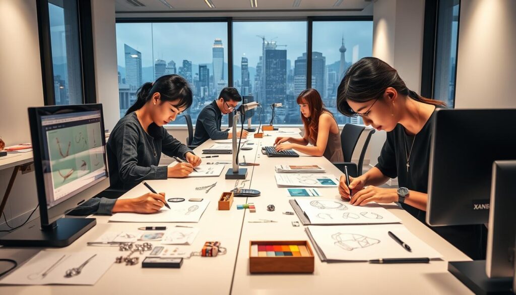 A well-lit, spacious jewelry design studio with large windows overlooking a bustling city skyline. A team of young, focused Japanese designers work intently at sleek workstations, sketching intricate jewelry designs, examining gemstones under magnifying glasses, and manipulating 3D modeling software. Delicate hand tools, color swatches, and CAD printouts cover the desks, creating an atmosphere of meticulous creativity. Soft, diffused lighting casts a warm glow, while the hum of discussion and the occasional chime of a bell adds to the professional, yet passionate ambiance. This is the dynamic, high-end workplace of the modern jewelry designer.