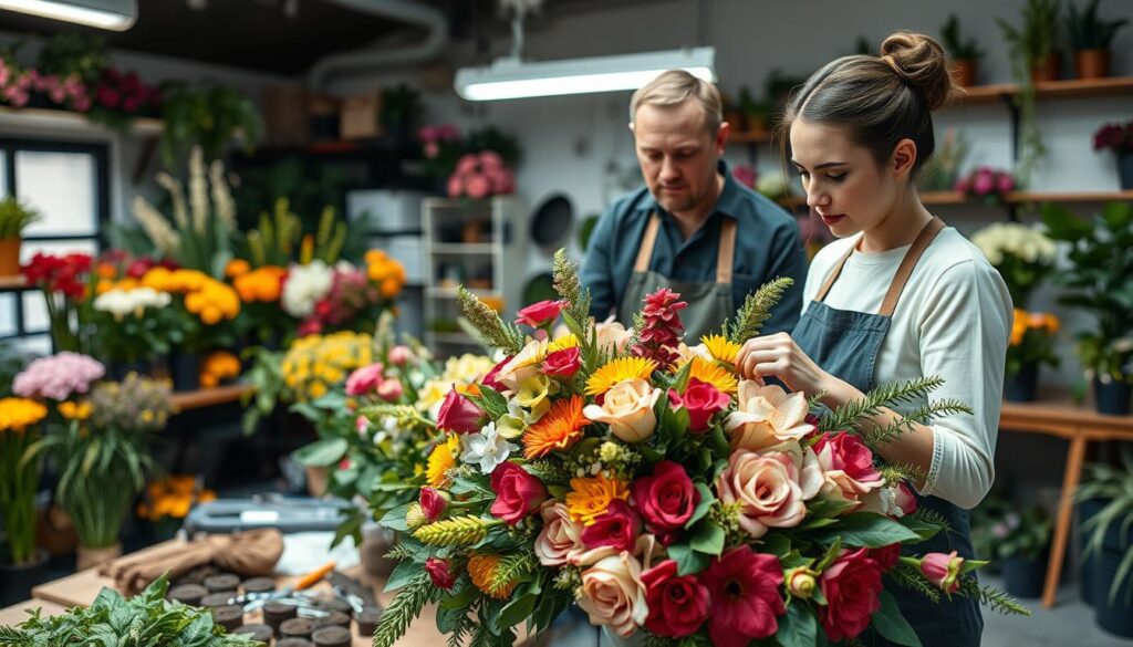 A well-lit studio filled with an array of vibrant flowers, potting soil, and essential floral design tools. A pair of skilled florists, a man and a woman, meticulously craft a stunning floral arrangement, their focused expressions and nimble fingers reflecting their deep expertise. The foreground showcases the intricate work, with lush blooms and greenery in a harmonious composition. In the middle ground, additional materials and equipment suggest the professional nature of the scene. The background is softly blurred, allowing the central activity to remain the focal point. The overall mood is one of serene concentration and the pride of a craft well-executed.