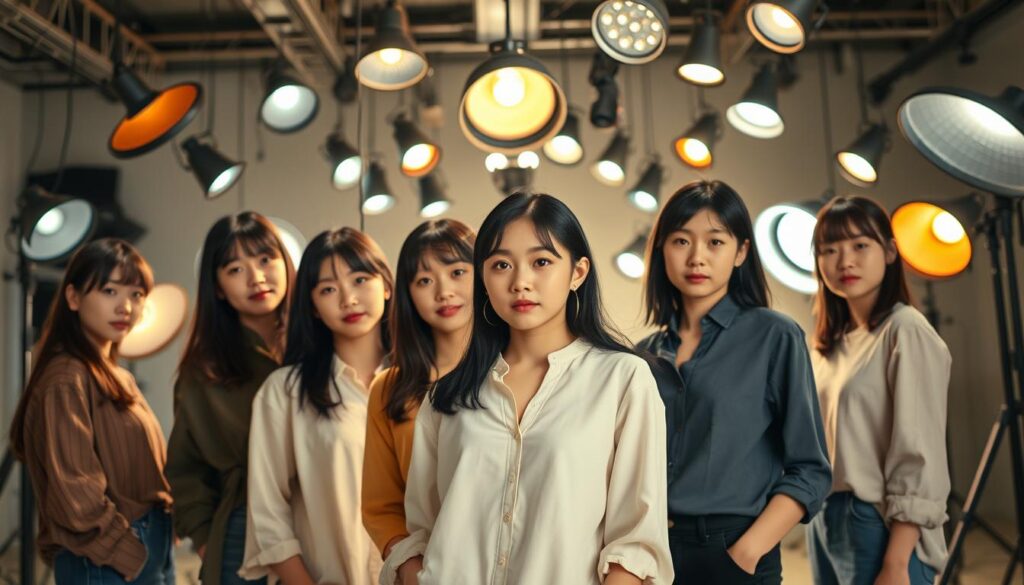 A well-lit studio filled with intriguing lighting fixtures, where a group of young, Japanese-looking models with dark hair showcase their creative flair and keen eye for design. The models stand in various poses, demonstrating their ability to critically evaluate lighting, understand color theory, and envision innovative solutions. The scene captures their passion for the craft, with an emphasis on technical expertise, attention to detail, and a strong aesthetic sensibility. The overall mood is professional, focused, and infused with a sense of artistic expression.