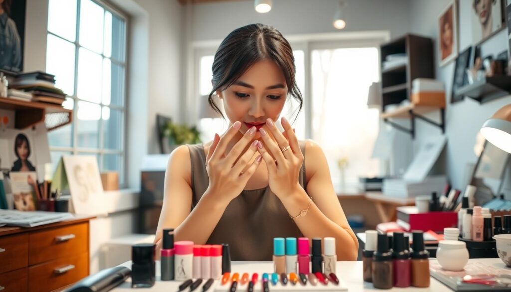 A well-lit studio interior with a professional nail artist in the center, elegantly manicured hands and vibrant nail polish colors on display. The artist, a young Japanese woman with a delicate, refined appearance, is intently focused on her work, surrounded by a clean, organized workspace filled with tools, materials, and inspirational references. A large window in the background casts natural light across the scene, creating a warm, inviting atmosphere that conveys the artistic and entrepreneurial spirit of independent nail art professionals.