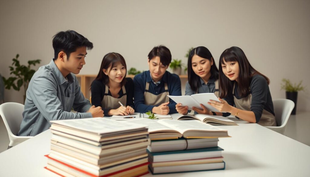 A well-lit studio scene depicting a group of young, Japanese-looking individuals seated around a table, studying and discussing the benefits and challenges of obtaining the "Vegetable Sommelier" certification. The foreground features a stack of books and documents related to the certification, while the middle ground showcases the focused expressions and engaged body language of the models. The background incorporates a minimalist, clean-lined setting with subtle hints of vegetables and greenery, conveying the essence of the topic. The overall atmosphere is one of thoughtful contemplation and professional interest, with a touch of subdued elegance.
