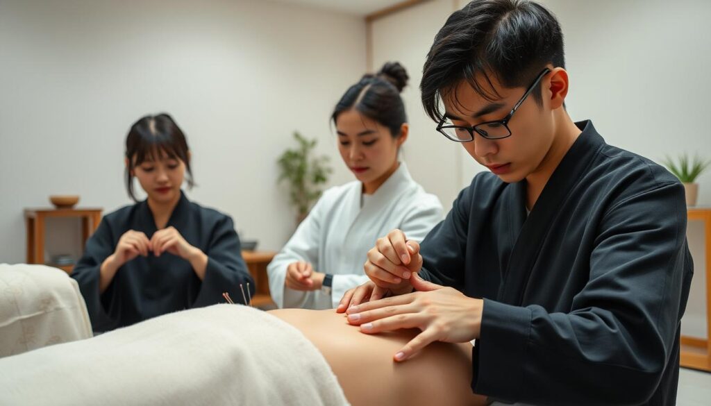 A well-lit studio scene depicting three young Japanese-looking individuals demonstrating acupuncture and massage techniques with exceptional precision and focus. The foreground features their skilled hands manipulating needles and applying pressure, while the middle ground showcases their calm, concentrated expressions. The background subtly suggests a traditional Japanese aesthetic, with minimal yet elegant furnishings. The overall mood conveys a sense of professionalism, expertise, and the ancient healing arts.