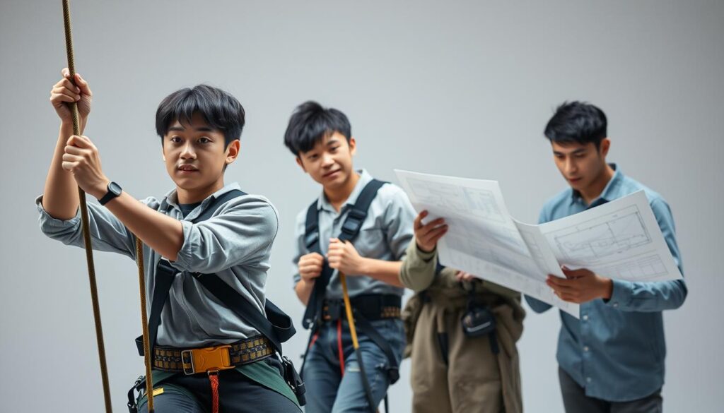 A well-lit studio scene depicting three young Japanese-looking individuals, their expressions conveying focus and determination. The foreground features a person in a harness climbing a tall structure, showcasing their agility and physical prowess. In the middle ground, another person is securely tethered, demonstrating their skill in working at heights. The background depicts a third person inspecting construction plans, highlighting the analytical and problem-solving aspects of the job. The lighting is soft and natural, creating a sense of professionalism and competence. The overall composition and mood suggest the suitability and distinctive characteristics of the "tori" occupation.