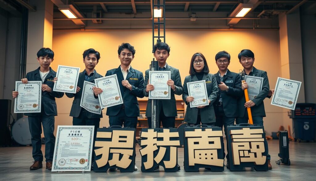 A well-lit studio scene showcasing a group of young Japanese-looking individuals holding various drilling equipment and certifications. The foreground features a centralized display of official-looking documents and licenses, representing the "ドリラー資格と技術認定" (Driller Qualifications and Certifications). The middle ground depicts the individuals, dressed in professional attire, demonstrating proficiency in drilling techniques. The background subtly suggests a construction or industrial setting, contributing to the overall atmosphere of expertise and professionalism. The lighting is warm and directional, creating depth and highlighting the key elements. The entire composition conveys the importance and significance of the driller's qualifications and technical expertise.