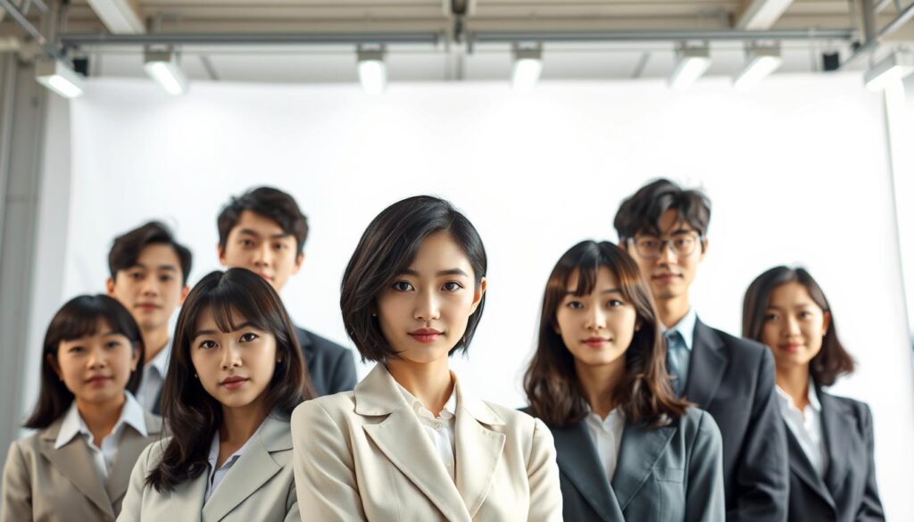 A well-lit studio setting featuring a group of young, Japanese-looking male and female models with dark hair, posing against a clean white backdrop. The models are dressed in formal attire, such as suits and blouses, conveying a professional and business-like atmosphere. The camera angle is positioned slightly above the models, creating a sense of authority and importance. Soft, directional lighting illuminates the models' faces, highlighting their features and creating a refined, high-end aesthetic. The overall mood is one of sophistication and analysis, reflecting the subject matter of "美容師の年収分析".