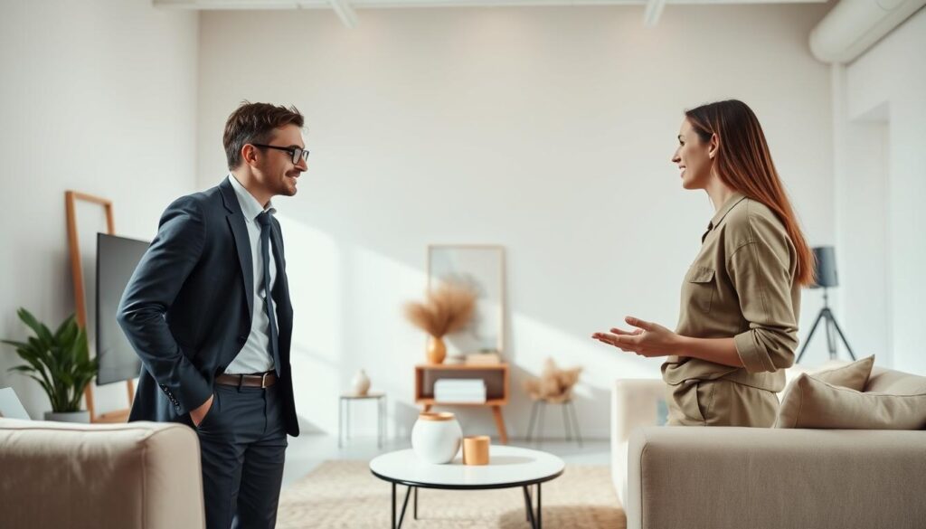 A well-lit studio setting showcases two interior designers, one dressed in a crisp business suit and the other in casual attire, engaged in a lively discussion. The suited designer represents the corporate experience, while the casual designer symbolizes the freelance lifestyle. Neutral-toned furnishings and decor elements create a modern, minimalist backdrop, allowing the two figures to take center stage. Soft, directional lighting casts gentle shadows, emphasizing the contrasting work environments and approaches. The scene conveys a sense of professionalism, with the formal attire and studio setting, as well as the creative energy of the freelance lifestyle.