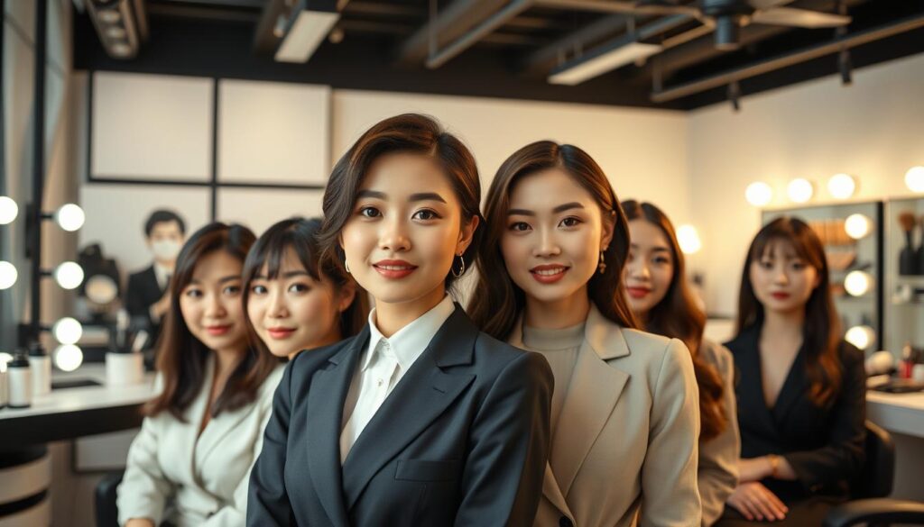 A well-lit studio setting showcasing a group of young, Japanese-looking models posing as professional hair and makeup artists. The models are dressed in stylish, formal attire, with carefully coiffed hairstyles and natural-looking makeup. The lighting is soft and flattering, creating a polished, high-quality aesthetic. The background features a blend of modern, minimalist decor and equipment associated with a hair and makeup studio, such as vanity mirrors, styling tools, and product displays. The overall mood is one of professionalism, artistry, and a glimpse into the world of a successful hair and makeup artist career.