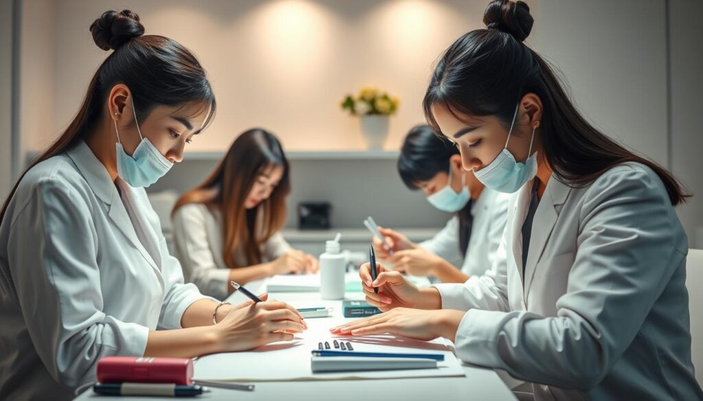 A well-lit studio setting showcasing a team of young, professional-looking Japanese nail technicians meticulously attending to their clients' nails. The scene captures the technical expertise and attention to detail required in the nail artist profession, with the technicians using various tools and techniques to shape, file, and polish the nails. The background features minimalist, modern decor, creating a calming and sophisticated atmosphere that conveys the high-end nature of the nail salon industry. Soft, directional lighting highlights the technicians' focused expressions and the intricate, delicate work they perform, reflecting the skill and care needed to provide exceptional nail care services.