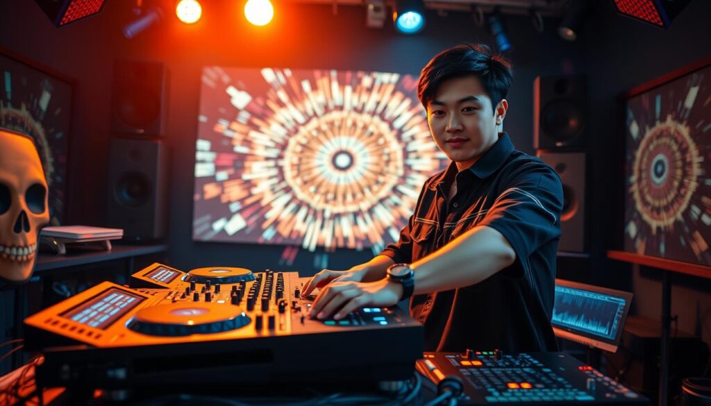 A well-lit studio setting showcasing a young, Japanese-looking DJ skillfully operating various audio and visual equipment. The foreground features a sleek, modern DJ setup with a mixing console, turntables, and an array of colorful buttons and knobs. In the middle ground, the DJ stands poised, their hands expertly manipulating the controls, their expression focused and determined. The background subtly depicts a dynamic, pulsating visualization or projection, creating an immersive, technologically-advanced atmosphere. Lighting is dramatic, with warm, vibrant hues complementing the cool, blue-toned accents of the equipment. The overall scene conveys the technical mastery, creativity, and energy required to excel as a skilled video jockey.