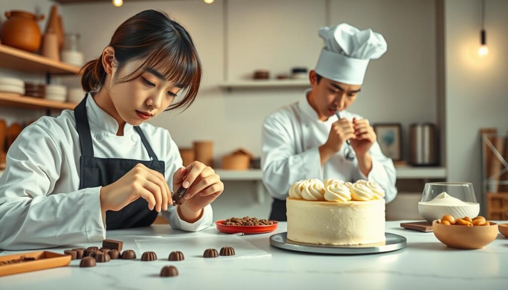 A well-lit studio setting, showcasing the distinct expertise of a chocolatier and a pastry chef. In the foreground, a chocolatier delicately crafting intricate chocolate pieces, their hands meticulously tempering the cacao while a pastry chef in the middle ground piping delicate designs onto a freshly baked cake. The background features an array of baking tools, ingredients, and a clean, minimalist workspace, emphasizing the precision and artistry required in their respective crafts. The models, youthful Japanese-inspired faces, exude a sense of focus and dedication as they demonstrate the nuances that set these two culinary specialties apart.
