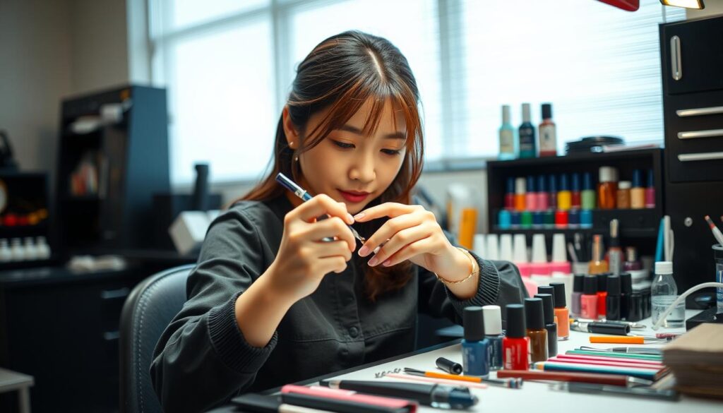 A well-lit studio setting showcasing the skilled hands of a young, Japanese-looking nail artist delicately applying intricate nail art designs. The artist's face is focused, their movements precise and graceful, capturing the artistry and concentration required for this profession. The workstation is neatly organized with an array of colorful nail polish bottles, tools, and implements, hinting at the technical expertise and attention to detail needed to excel as a nail artist. The background is subtly blurred, allowing the viewer to focus on the skilled hands at work, conveying the specialized nature of this occupation.