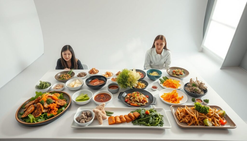 A well-lit studio setting with a sleek, minimalist table arrangement. On the table, an assortment of freshly prepared culinary delicacies - steaming hot dishes, crisp vegetables, glistening sauces, and carefully placed garnishes. The lighting is soft and diffused, casting gentle shadows that accentuate the textures and colors of the food. The models, young Japanese-looking individuals, are casually yet stylishly posed, adding a human element to the scene. The camera angle is slightly elevated, providing a birds-eye view that showcases the artful arrangement and presentation of the food. The overall mood is one of refined elegance, highlighting the skills and techniques of the food stylist and visual director.