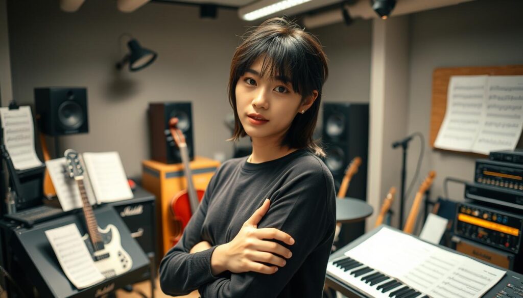 A well-lit studio setting with a young, Japanese-looking model posed confidently, exuding a keen sense of musical aptitude. The model's gaze is focused, reflecting deep concentration and a natural flair for arrangement and composition. Surrounding the model are various musical instruments, sheet music, and audio equipment, subtly hinting at the technical and creative skills required of an arranger. The overall atmosphere conveys a professional, yet artistic ambiance, capturing the essence of the "アレンジャーに向いている人物像と適性" concept.