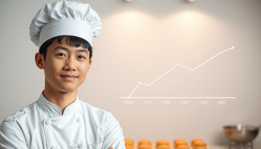 A well-lit studio setting with a young, Japanese-looking patissier standing in the foreground, dressed in a crisp white uniform and chef's hat. The patissier's expression exudes a sense of pride and professionalism. In the middle ground, a visual representation of a line graph depicting the changes in the patissier's annual income over the years, reflecting the "経験年数による給与の変化" theme. The background features a minimalist, elegant backdrop, emphasizing the focus on the patissier and the income graph. The overall tone is one of realistic, high-quality documentation, showcasing the career progression of a skilled patisserie professional.