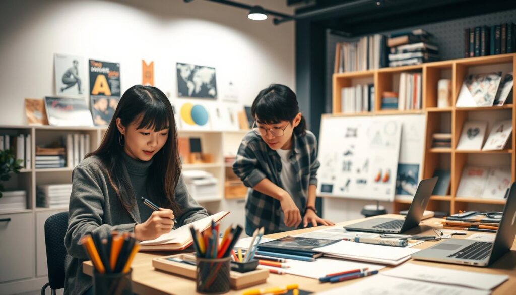 A well-lit studio setting with two young Japanese-looking designers in the foreground, one sitting at a desk sketching in a notebook, the other standing nearby discussing design concepts. In the middle ground, an array of design tools and materials including pens, pencils, markers, and a laptop. In the background, shelves displaying design books, magazines, and samples. Soft, warm lighting illuminates the scene, creating a focused, contemplative atmosphere conducive to creative learning and skill development.