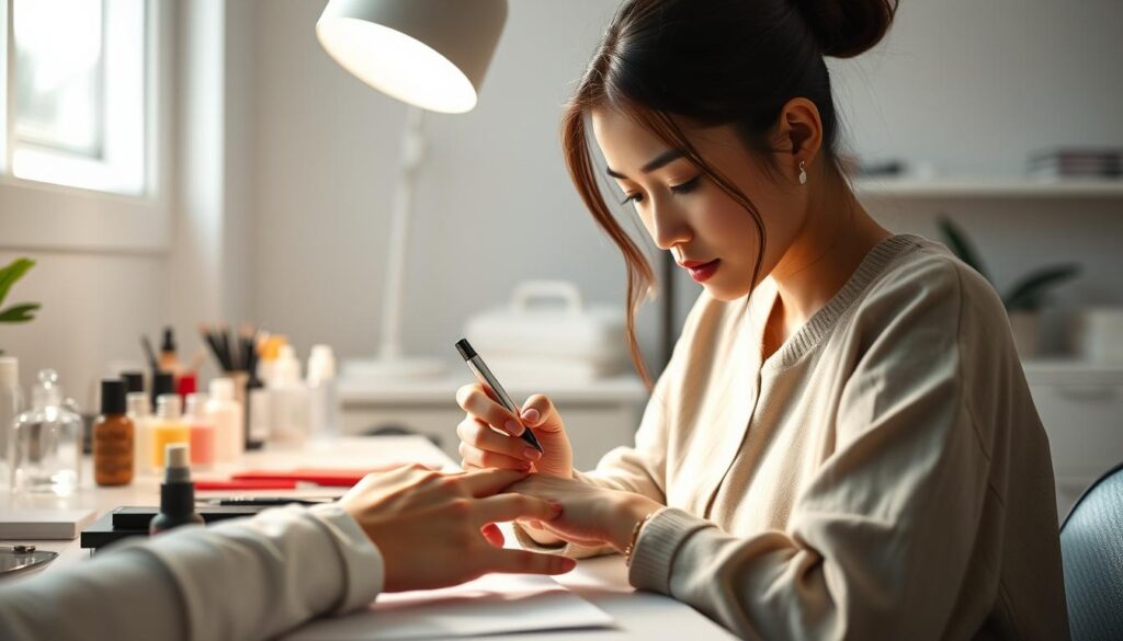 A well-lit studio space with a young, Japanese-looking nail artist intently focused on delicately applying nail polish to a client's hand. The artist's fingers move with precision, their face illuminated by soft, natural lighting. In the background, various nail care tools and products neatly arranged on a clean, minimalist table, conveying the professional, detail-oriented nature of the job. The scene exudes a sense of tranquility and concentration, highlighting the skilled craftsmanship and artistic flair required for a nail artist's work.