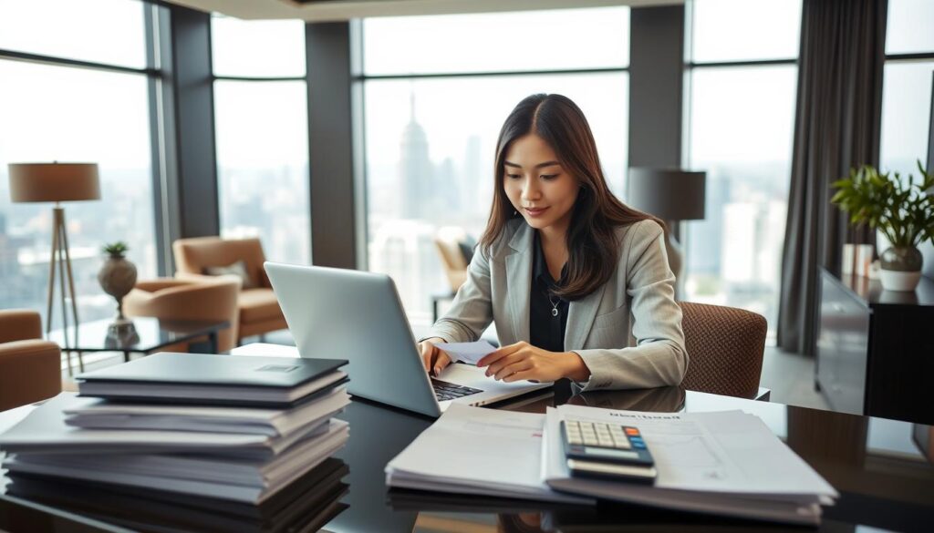 A well-lit, stylish contemporary office space with a young, professional-looking Japanese woman sitting at a desk, analyzing financial data on a laptop. In the foreground, a stack of documents and a calculator symbolize the financial aspects of her work as an interior coordinator. The middle ground features tasteful furniture and decor elements, reflecting her expertise in design and aesthetics. The background showcases floor-to-ceiling windows with a panoramic city view, highlighting the prestige and high-end nature of her field. The overall mood is one of focus, competence, and success, capturing the essence of an interior coordinator's career and earning potential.