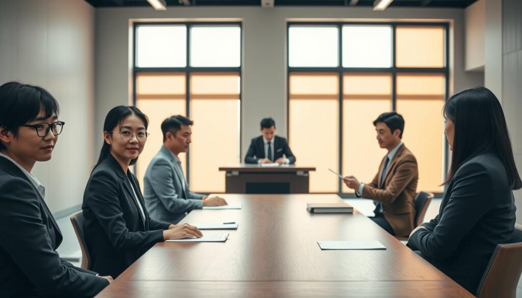 A well-lit, wide-angle shot of a formal job interview for a marshalling position. The foreground features several young, professional-looking Japanese candidates seated across a wooden table, their attentive expressions and confident postures suggesting a rigorous selection process. The middle ground shows a panel of interviewers taking notes, their faces obscured to maintain anonymity. The background depicts a minimalist office setting with clean lines, neutral tones, and large windows flooding the space with warm, natural light, creating a sense of openness and opportunity. The overall mood is one of diligence, anticipation, and the gravity of the career-defining moment.