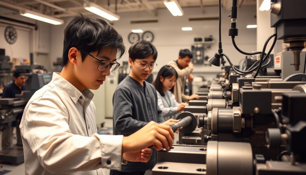 A well-lit workshop setting, showcasing a group of young Japanese-looking technicians diligently operating various milling machines. The foreground features a skilled machinist demonstrating the intricate techniques required to obtain a professional milling machine operator's certification, their hands deftly guiding the tools with precision. In the middle ground, other trainees observe and practice, their faces expressing intense focus as they strive to master the necessary skills. The background reveals an organized, clean workspace filled with state-of-the-art milling equipment, conveying the high-tech nature of the profession. The overall atmosphere is one of technical expertise, dedication, and a sense of the rigorous training required to become a certified milling machine operator.