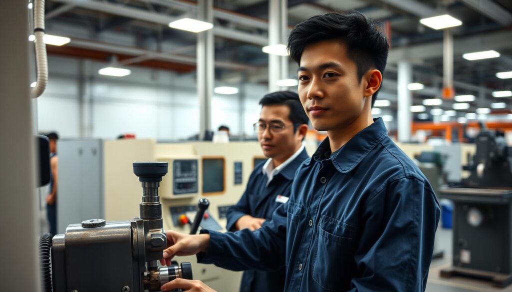 A well-lit workshop setting, showcasing the career progression of a skilled milling machine operator. In the foreground, a young Japanese man in a blue jumpsuit operates a high-precision CNC milling machine, his focused expression and confident movements demonstrating his expertise. In the middle ground, a more experienced worker in a supervisory role oversees the production, offering guidance and instruction. The background reveals a modern, well-equipped factory floor, with other milling machines and technicians working diligently. The scene conveys a sense of professionalism, technical mastery, and the potential for growth within this specialized career path.
