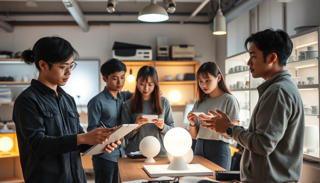 A well-lit workspace with a team of young, Japanese-looking designers collaborating on lighting projects. In the foreground, a designer sketches ideas on a tablet, while in the middle ground, others review 3D models and physical prototypes under warm, focused lighting. The background features shelves of lighting equipment and technical reference materials. The scene conveys the creative, technical, and collaborative nature of a lighting designer's work, with an emphasis on attention to detail, innovation, and a commitment to crafting the perfect illumination.