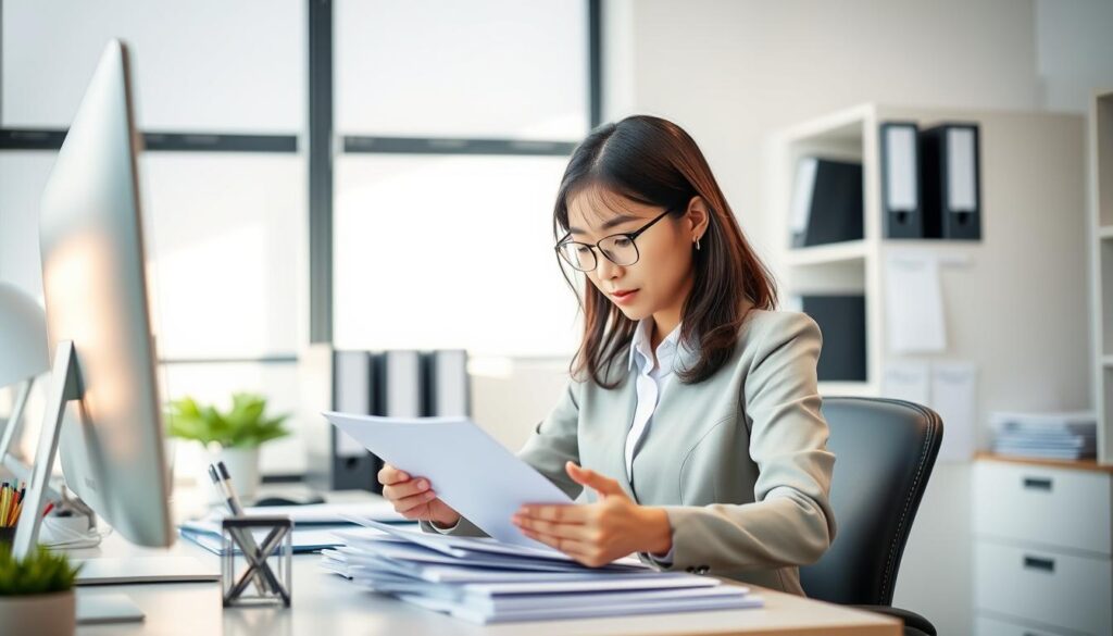 A well-organized office setting with a young Japanese-looking professional secretary managing digital and physical documents. Soft natural lighting illuminates the scene, creating a focused and efficient atmosphere. The secretary meticulously sorts and files paperwork, exhibiting strong organizational skills and attention to detail. Elegant desk accessories and a modern computer setup complement the refined and competent demeanor of the subject. The background features minimal clutter, allowing the secretary's document management prowess to take center stage.