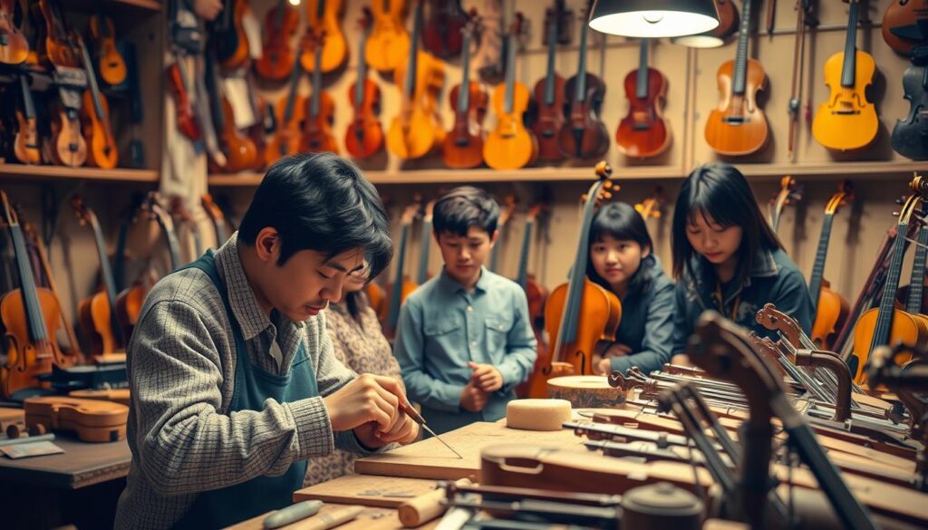 A workshop filled with intricate musical instruments, their skilled maker meticulously crafting each detail. Warm lighting illuminates the process, the artisan's hands moving with precision, their expression one of focused concentration. In the background, a display of finished products showcases the range of their expertise - violins, guitars, and more, each a testament to their mastery. The atmosphere is serene, evoking the harmony and passion that drives this profession. Young, Japanese-looking individuals observe the artisan, their faces awestruck, as they witness the creation of these magnificent instruments.