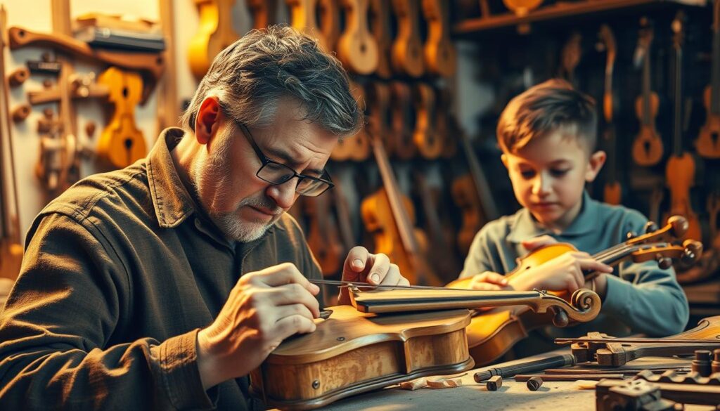 A workshop filled with intricate wooden instruments, their crafters wielding delicate tools with precision. A middle-aged man, his face etched with concentration, carves the fine details of a violin. Beside him, a young apprentice, their eyes alight with fascination, studies the intricate process. Warm lighting casts a golden glow, highlighting the dedication and artistry inherent in this specialized craft. The scene conveys the patience, attention to detail, and innate creativity required of successful instrument makers - individuals drawn to this unique field by a deep passion for music and an unwavering commitment to their art.