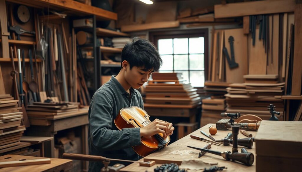 A workshop interior filled with the tools and materials of a skilled instrument maker. A young Japanese man, his face illuminated by warm studio lighting, sits at a workbench intently shaping a wooden violin body. Delicate hand tools, chisels, and precision instruments are arranged nearby, along with stacks of carefully selected timber. The space is filled with the scent of freshly sanded wood and the focused concentration of a master craftsman at work. An atmosphere of quiet dedication and lifelong passion for the art of lutherie permeates the scene.