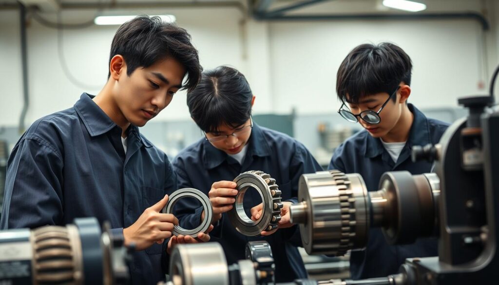 A workshop setting with bright, even lighting. Three young Japanese-looking individuals, focused on precision ball-bearing manufacturing. One worker carefully measuring the diameter of a ball bearing using calipers, another inspecting the surface finish with a magnifying glass, and the third operating a high-precision lathe to turn the bearing. The scene conveys the technical skill and attention to detail required for this specialized metalworking process. Muted tones, with the workers' dark hair and navy uniforms providing contrast against the gleaming metal components and machinery. Crisp, realistic details showcase the intricate nature of "ボール加工技術".