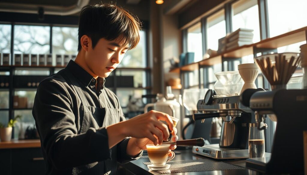 A young Japanese barista in a modern café, meticulously crafting a beautifully presented coffee drink. Sunlight streams through large windows, casting a warm glow on the scene. The barista's hands move with precision, revealing their years of dedicated training and experience. Behind them, shelves of premium coffee beans and brewing equipment suggest a passion for the craft. The overall atmosphere conveys a sense of expertise, professionalism, and the pursuit of excellence in the field of specialty coffee.