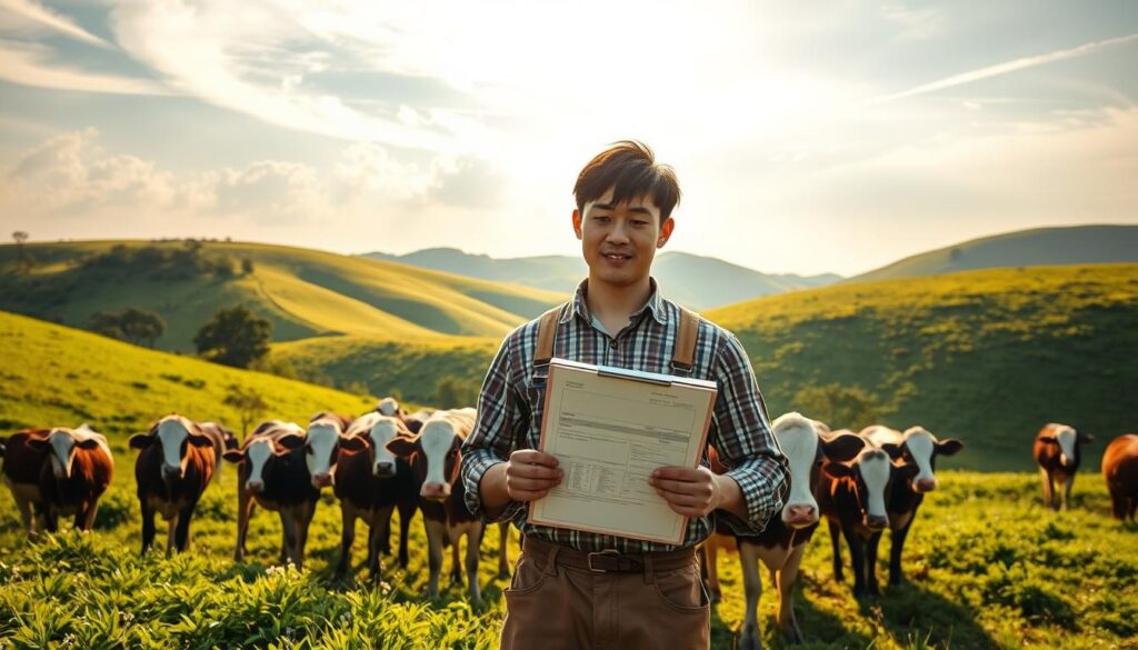 A young Japanese dairy farmer stands in a serene pastoral scene, surrounded by rolling green hills and a herd of contented cows. The farmer, dressed in sturdy work clothes, holds a clipboard and examines a document, signifying the licensing and certification required to operate a dairy farm. Warm, golden sunlight filters through wispy clouds, casting a soft, natural glow over the entire tableau. The scene conveys a sense of dedication, responsibility, and the harmony between humans, animals, and the land that is essential to successful dairy farming.