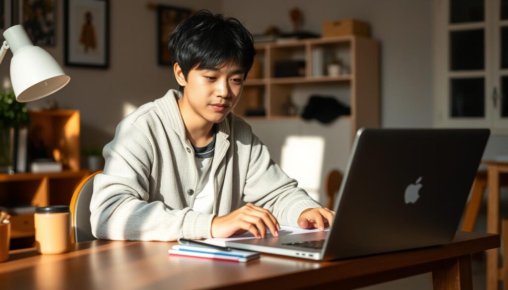 A young Japanese freelance writer, dressed in casual attire, sits at a desk with a laptop, intently focused on their work. Soft, natural lighting illuminates the scene, creating a warm and contemplative atmosphere. The background is a cozy, minimalist home office, hinting at the writer's personal space and creative process. The model's expression conveys a sense of determination and enthusiasm, embodying the journey of an aspiring freelance writer taking their first steps in the industry.