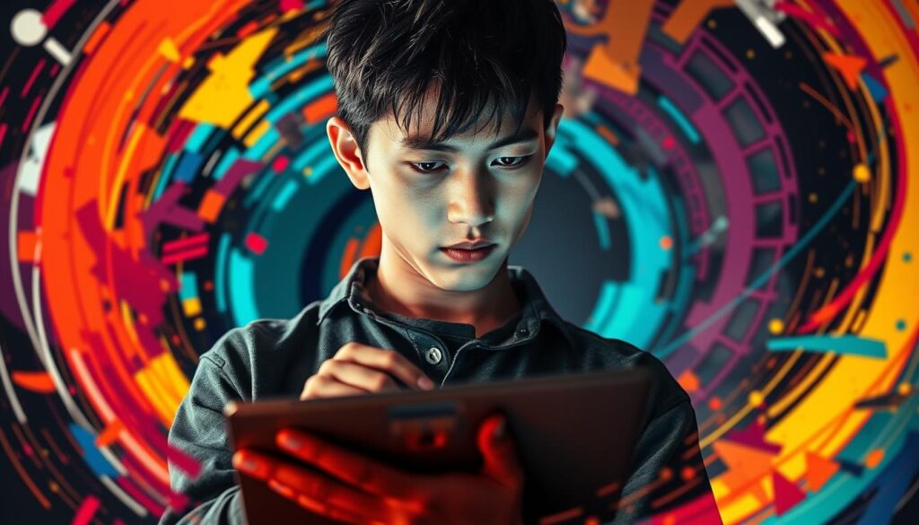 A young, Japanese-looking art director, surrounded by a vibrant, abstract visual design. The model has a focused, intense expression as they work on a digital tablet, with bold colors and dynamic shapes swirling around them. Dramatic lighting casts dramatic shadows, highlighting the director's concentration. The scene is captured with a sharp, cinematic lens, conveying the high-stakes, high-creativity nature of the art director's role. The atmosphere is one of creative flow, technical precision, and the pursuit of visual excellence.