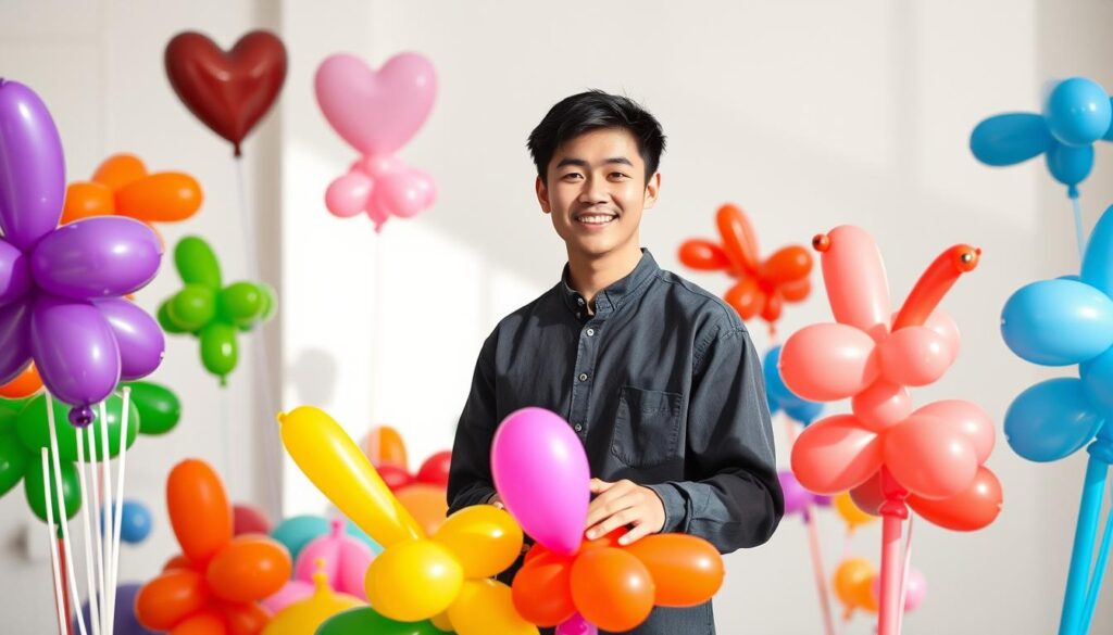 A young, Japanese-looking balloon artist in a bright, airy studio setting. They stand proudly, surrounded by an assortment of colorful balloons in various stages of inflation and sculpting. The space is filled with natural light, casting soft shadows and highlights that accentuate the artist's focused expression and nimble movements as they carefully shape the balloons into whimsical, sculptural forms. The background features a minimal, clean-lined aesthetic, allowing the artist and their creations to take center stage. The overall mood is one of creativity, professionalism, and a sense of independent entrepreneurship.