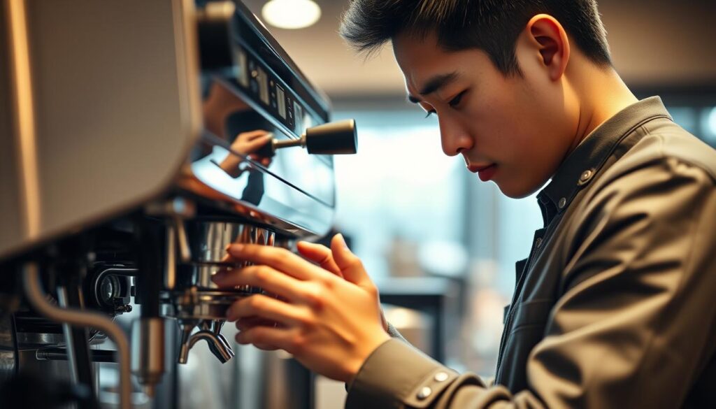 A young Japanese-looking barista carefully examining the inner workings of a professional espresso machine, their brow furrowed in concentration. The machine is depicted in high detail, with its sleek, chrome-plated exterior and intricate components visible. The lighting is soft and diffused, creating a warm, inviting atmosphere. The background is slightly blurred, keeping the focus on the barista's hands and the machine itself. The overall scene conveys the importance of proper maintenance and attention to detail in the world of specialty coffee.