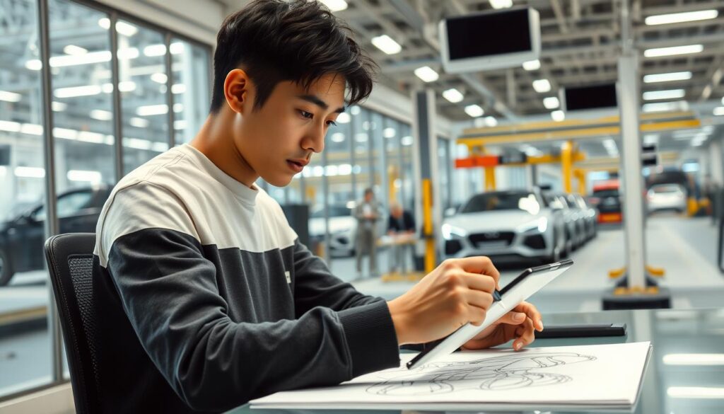 A young, Japanese-looking car designer diligently sketching automotive designs at their workstation in a modern, well-lit studio at an automotive manufacturer. The designer is focused, their hand moving swiftly across the tablet, refining curves and lines. In the background, a large window offers a glimpse of the bustling factory floor, conveyor belts and partially assembled vehicles visible. The atmosphere is one of quiet concentration and creative energy, reflecting the discipline and passion required for this specialized profession.