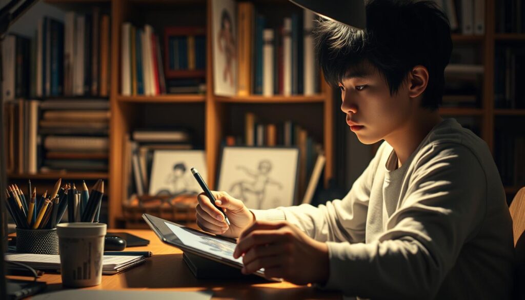 A young, Japanese-looking character designer sits at a desk, intently sketching designs on a tablet. The lighting is warm and focused, casting dramatic shadows that accentuate the concentration on their face. In the background, a bookshelf overflows with art supplies and reference materials, hinting at the depth of knowledge required for this profession. The overall mood is one of determination and preparation, reflecting the article's focus on the necessary steps to secure a job in this creative field.
