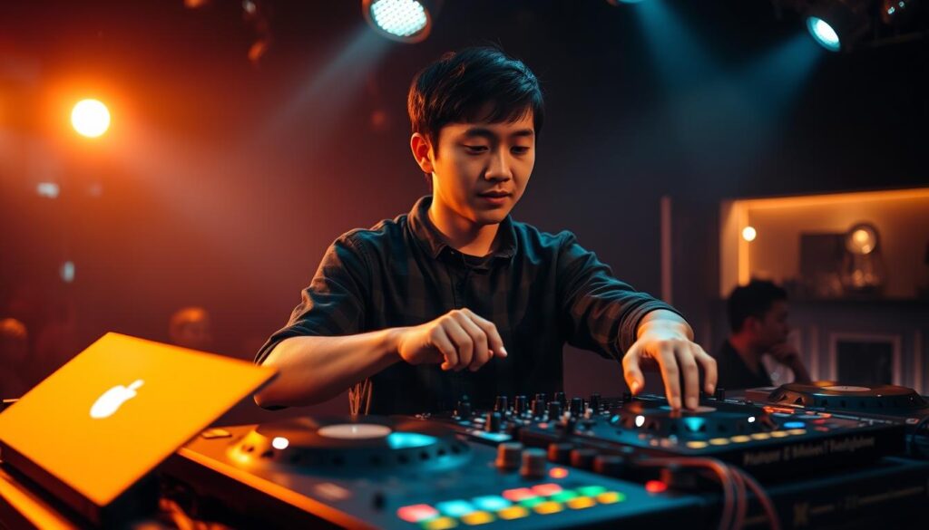 A young, Japanese-looking disc jockey standing behind a professional-grade DJ booth, expertly manipulating the turntables and mixing console with confident, practiced movements. The lighting is warm and atmospheric, casting a soft glow on the scene. The background is slightly blurred, hinting at a lively nightclub or music venue setting. The DJ's face is focused and engaged, reflecting the passion and skill required for this occupation. The overall mood conveys the energy, dynamism, and financial potential of the disc jockey profession.